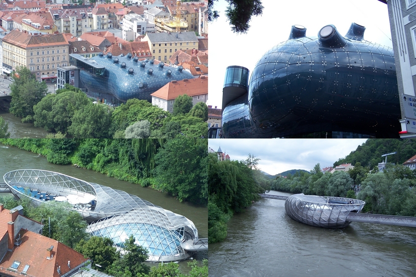 Modern architecture in Graz - Kunsthaus Graz (above) and the Island on the Mur River (below)