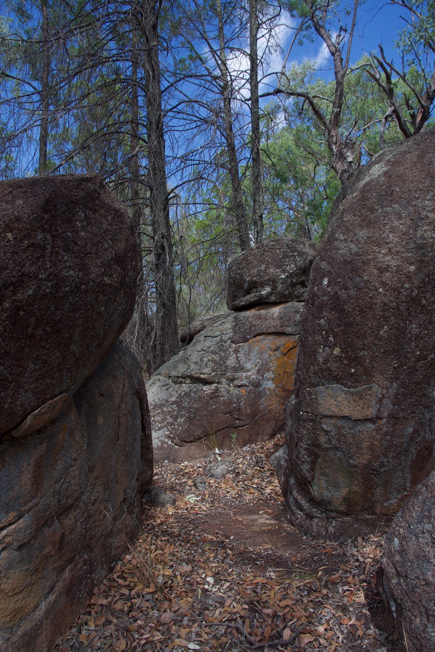 The confluence point lies among large granite boulders, near the entrance to this alcove