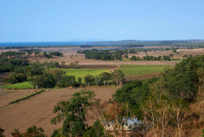 Sugar fields and coastal scenery, confluence is in the distance on the right.