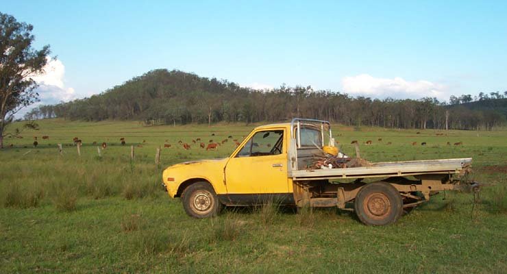 Neil's farm. The confluence is over the hill behind his ute.