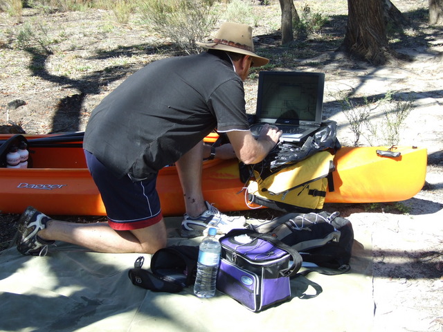 Stephen Checking GPS Data and Photos on the Banks of the Murray