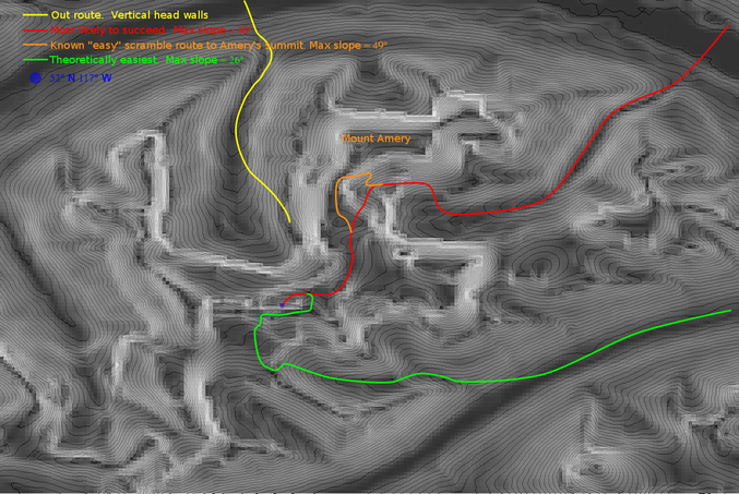 A map generated from SRTM elevation data showing our route in yellow, a long bushwhack with the smallest crux in green, and a modified Amery summit route in red that we will attempt next year.