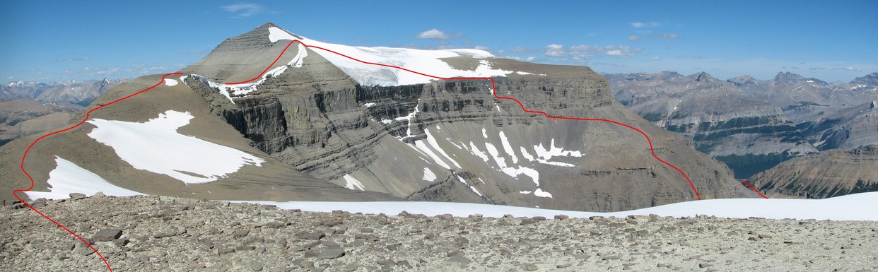 Our route up to and over the Mt Amery icefield and starting the ridge walk to the confluence.