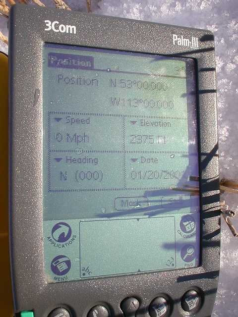 The Palm III displaying data from the attached GPS unit