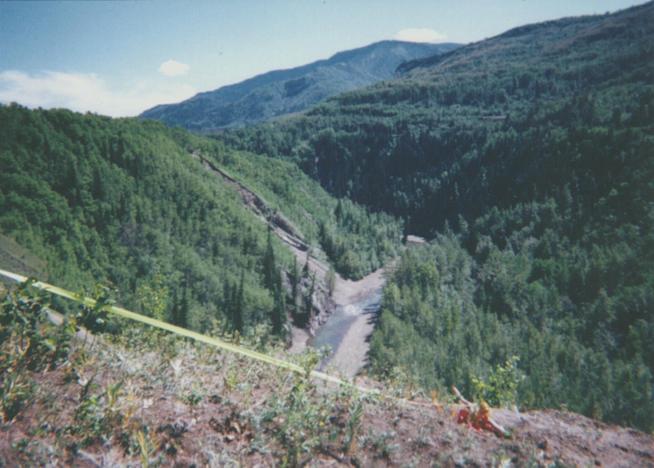 View south up Muskeg River valley towards confluence. Loaded seismic shot hole marked by ribbon.