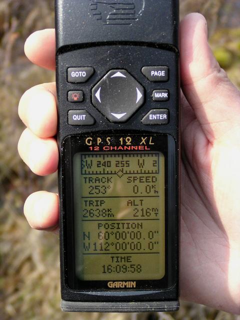 GPS indicating our location at the confluence.