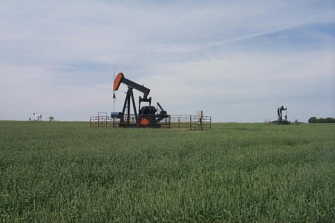 Pump jacks in a grain field 3.3 km from the confluence.