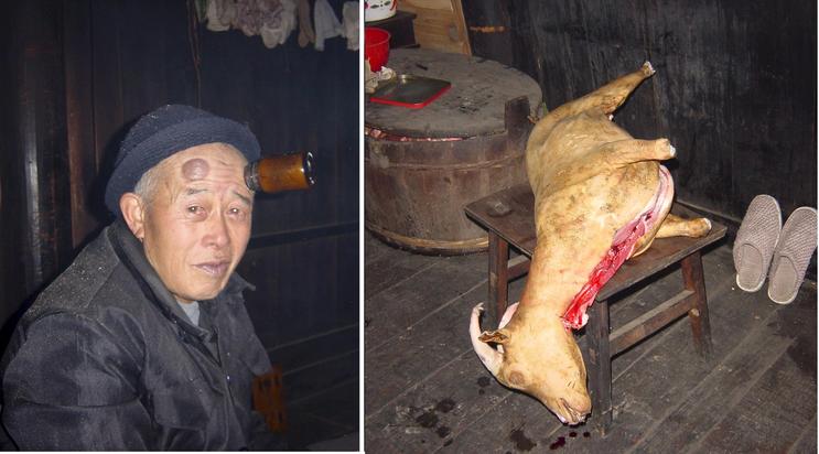 Grangpa Meng with a massive headache and the Spring Festival freshly slaughtered goat