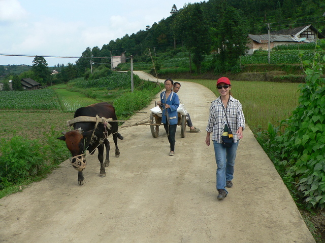 Ah Feng passing a couple and their bullock cart on the concrete road.