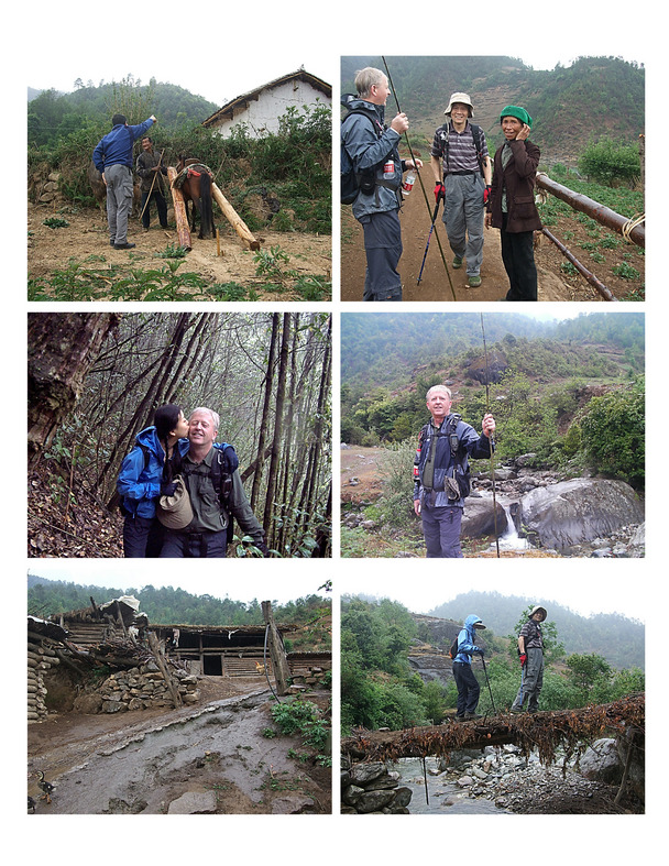 Asking directions of a farmer, a local Yi woman, on the trail, log bridge.