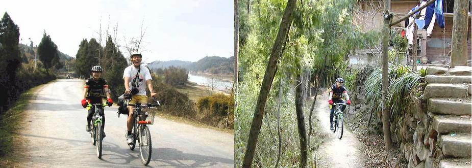Godspeed and Larry on the road to the Confluence - Godspeed cycling on the single track through the bamboo grove / 踏车乡间行