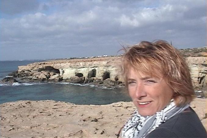 Lise in front of the Sea Caves at Cape Greco