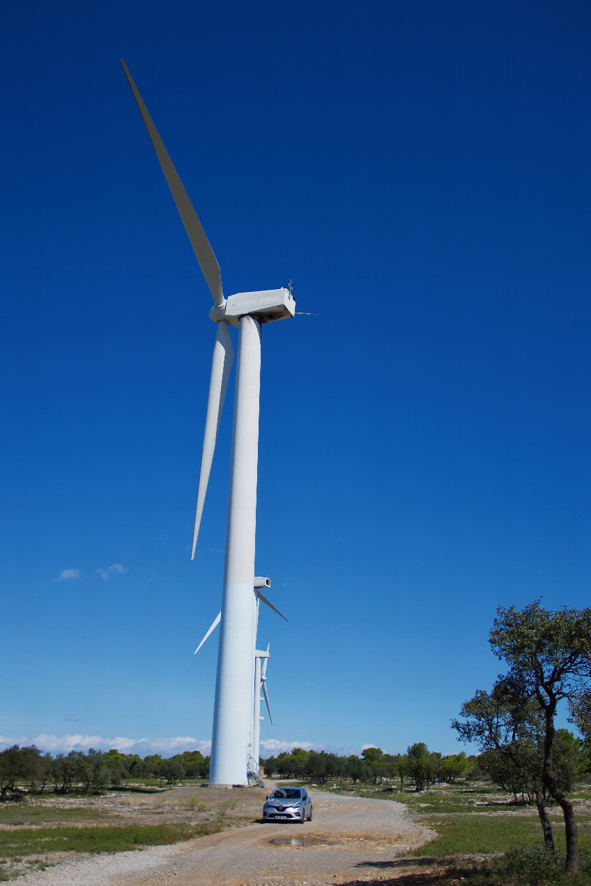 A close-up of one of the wind turbines, from the access road just 50m from the point