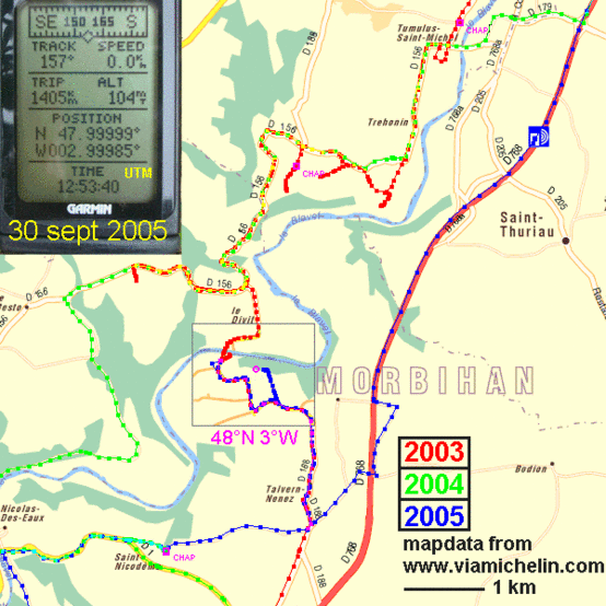 map with 3 tracks, 3 chapels and GPS display