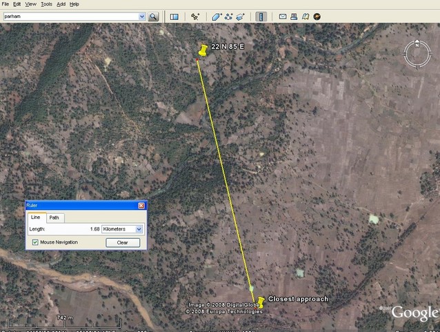 Google Earth shows the closest approach as 1.68 km