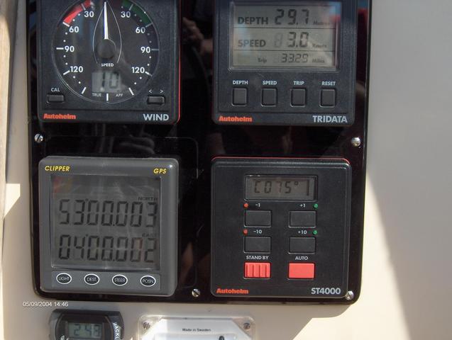 A picture of the GPS and the navigation instruments with nice numbers.