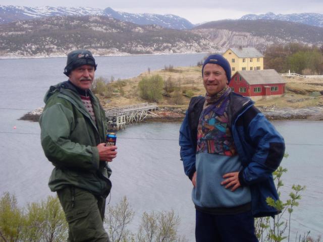 Steinar (left) and Ottar at Skorpa, the closed down postoffice and our tent to the right.