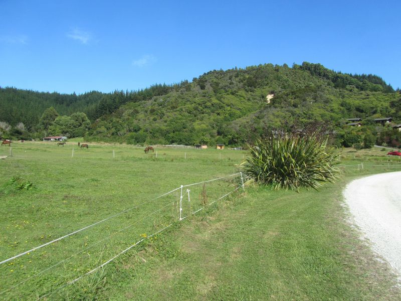 View of the confluence looking west across Abel Tasman Ocean View Chalets pastureland, with the confluence 33 m up-slope on the hill