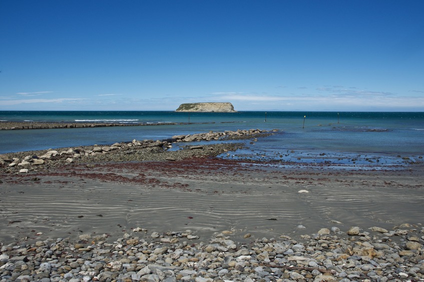 Motunau Beach (and its eponymous island offshore), a few km southeast of the point
