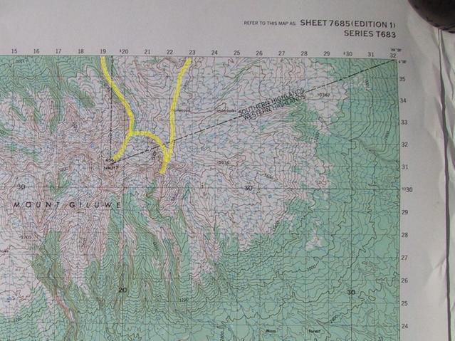 Topo map with our route in yellow, confluence point is in top-right corner.
