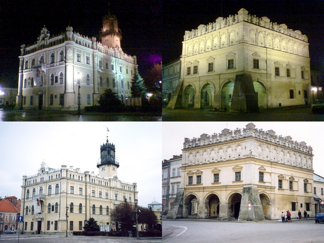 Jarosław at night and day - Town Hall (left) and Orsettis' House (rigth)