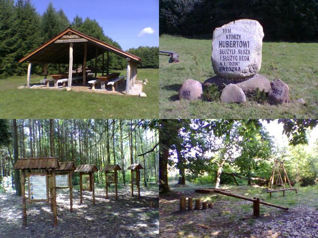 Hunters' shed, memorial stone to St. Hubert the Hunter and a forest playground