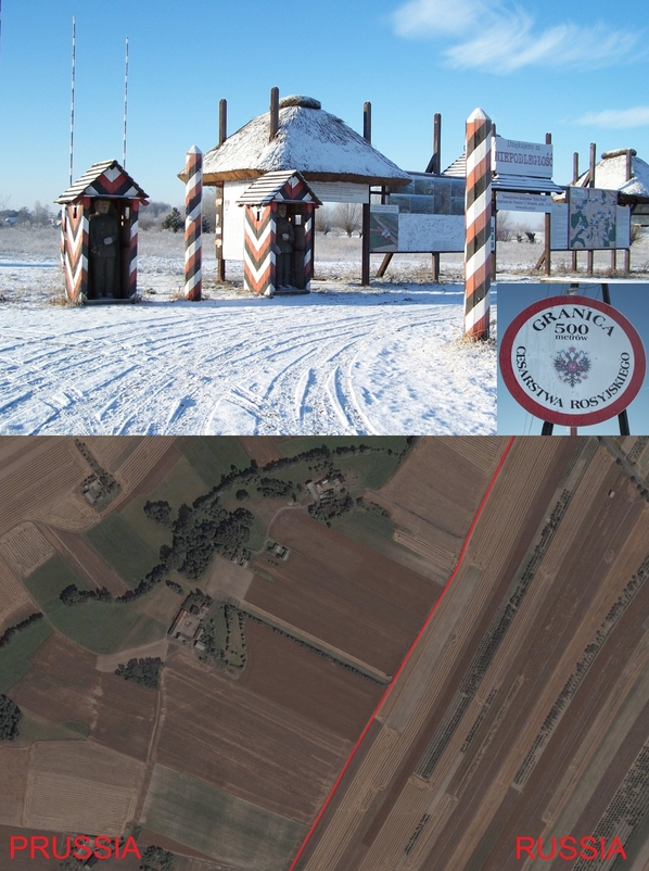 Reconstructed Prussia - Russia border crossing in Borzykowo and the satellite image of nearby fields