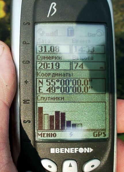 Benefon screen with GPS position