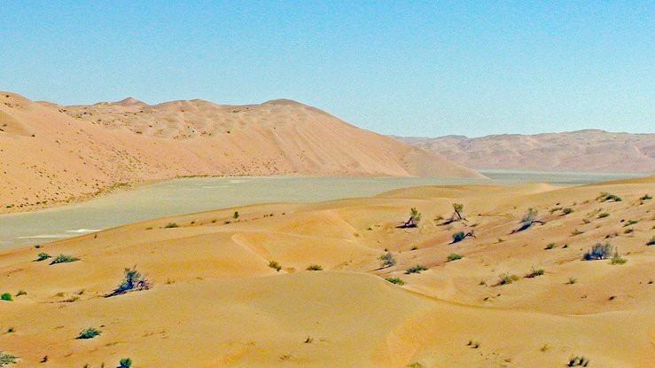 View looking ENE to the confluence area from 700 ft (213 m) distant; The Confluence is located on the sabkha, with a line of dunes just to the North.