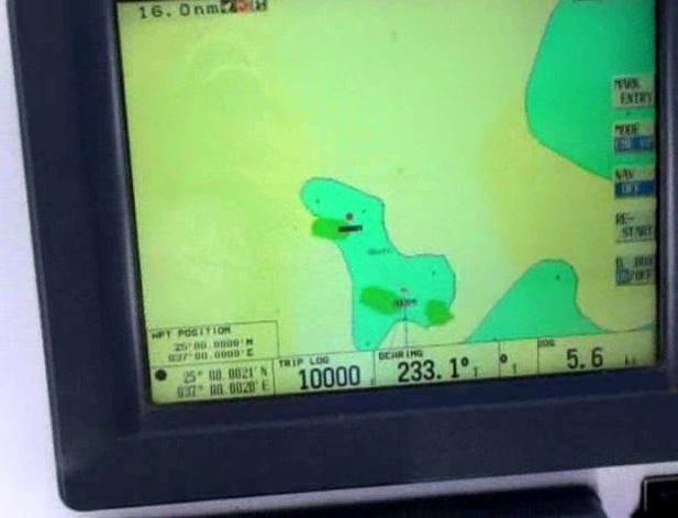 Snap from video of shipboard Furuno GPS at Confluence: 25°0.0021'N 37°0.0028'E.