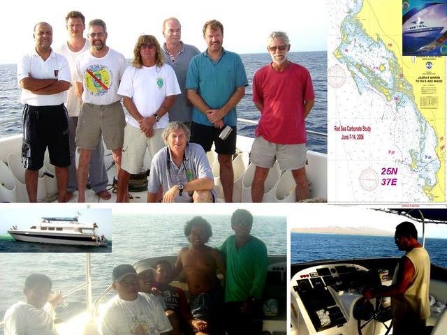 Scientific party, captain & crew, ship, and chart of Confluence and 7-day reef study area