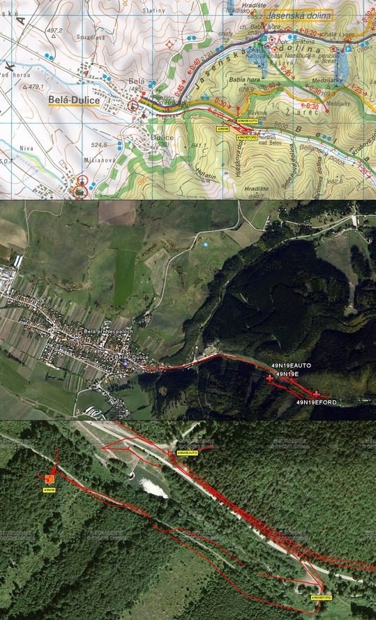 My track on the map (© VKU Harmanec), satellite image (© Google Earth 2007) and aerial photo (© GEODIS)