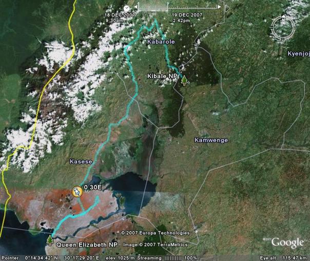 Google Earth (c) image: the blue line represents the surfaced road from Kibale to QENP