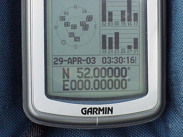 GPS reading at the confluence site on the Prime Meridian.