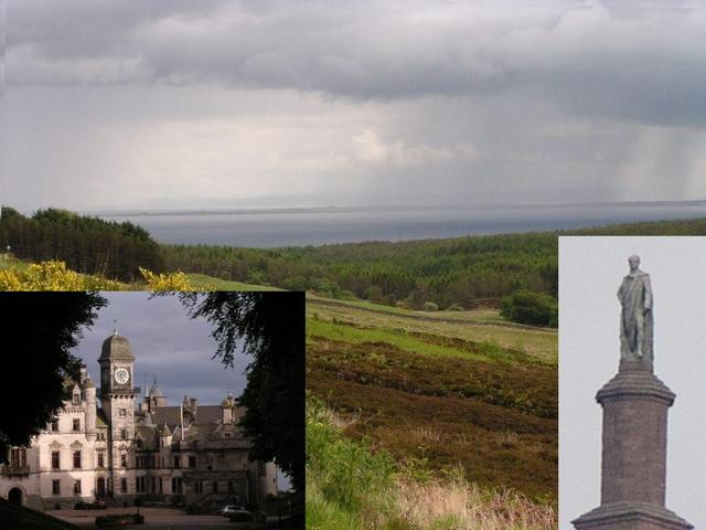the North Sea seen from close to the confluence, together with the monument of the Duke of Sutherland and Dunrobin Castle