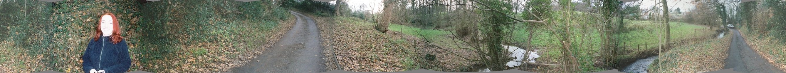 360 degree panorama showing the road, stream