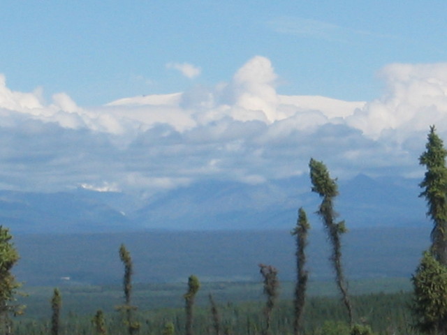Closest point to the confluence.  Mt. Wrangell is wide white mountain above the clouds.