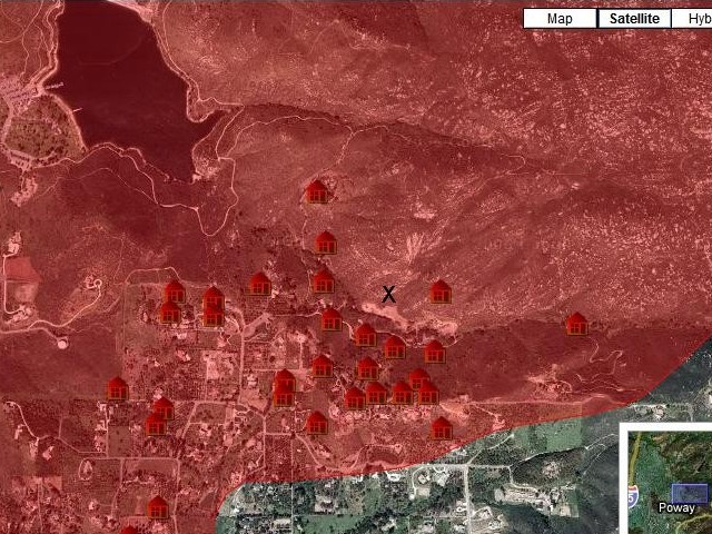 Burn area in red.  X is confluence.  Icons are lost houses.