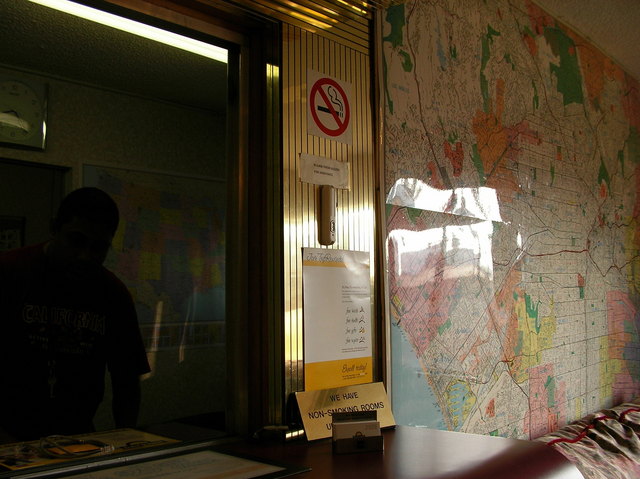 The hotel lobby where the plan for the confluence visit was formed. Note the large map.