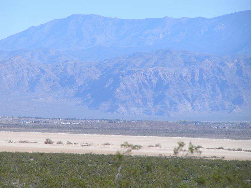 View to the north from the confluence showing the playa I traversed, in sandy color.