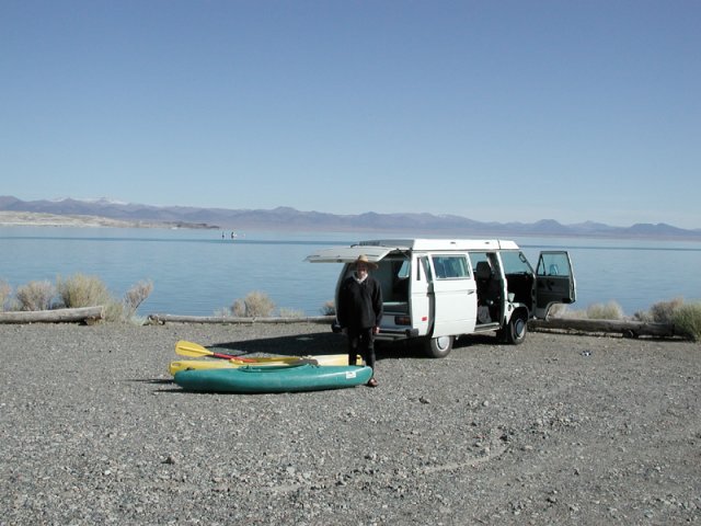 Getting ready to launch.  The confluence can be seen just above the middle of the van in the lake.