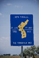 #12: A sign on highway 17 in the nearby town of Moffett, noting the significance of the 38th Parallel to the Korean War