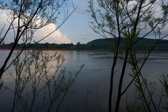 #1: The confluence point lies 79 feet away, in the Ohio River.  (This is also a view to the South, towards Kentucky)