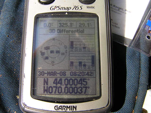 GPS reading as close as I could get to the confluence.