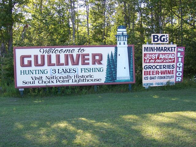 Welcome sign for Gulliver.