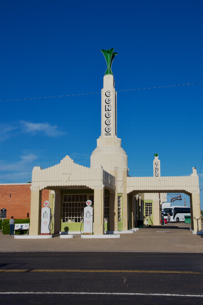 The famous old Route 66 gas station in Shamrock, Texas - Northwest of the point