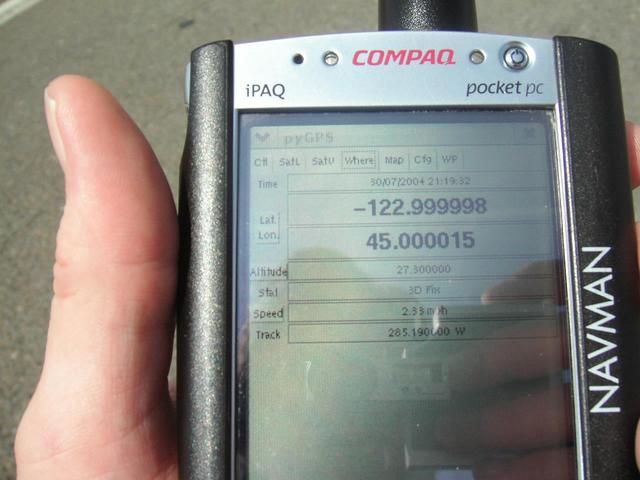 Obligatory GPS shot, running pyGPS on my Linux iPAQ with Navman sleeve