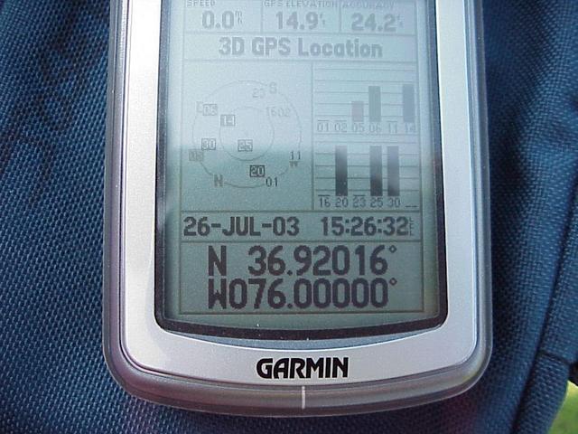 GPS reading where longitude 76 runs north to the Chesapeake Bay.