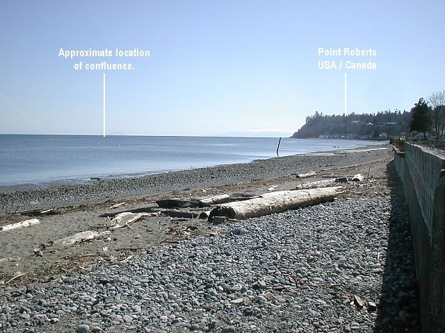 Somewhere out there in the Pacific Ocean (Boundary Bay) is the confluence point, across from Point Roberts.