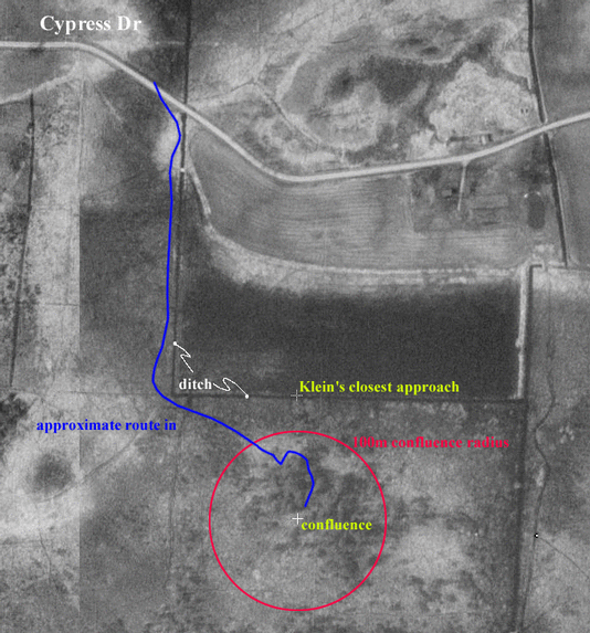 Diagram on aerial photo showing our approximate route in and where Daniel Klein says he stopped.